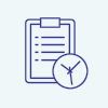 Icon of a clipboard checklist with an analog clock on one corner