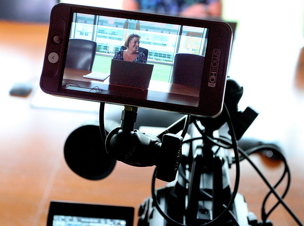 Preview monitor on a video camera during on-location production. Photo David B. Hollingsworth/ODU