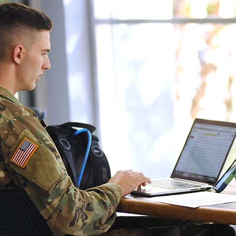 Military member looking at a computer