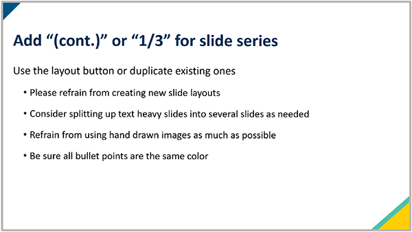 Example of a topic continuing onto another slide, and the use of "cont." or "#/#" in the title.