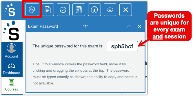 Screenshot showing the location of the exam password icon and unique exam password