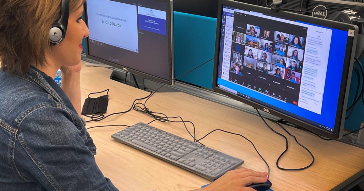 Chrysoula Malogianni, Associate Director for ODU's Center for Learning and Teaching, prepares for a virtual conference session.
