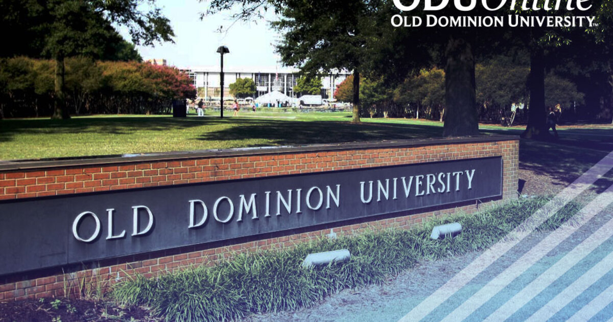Old Dominion University sign with campus in the background