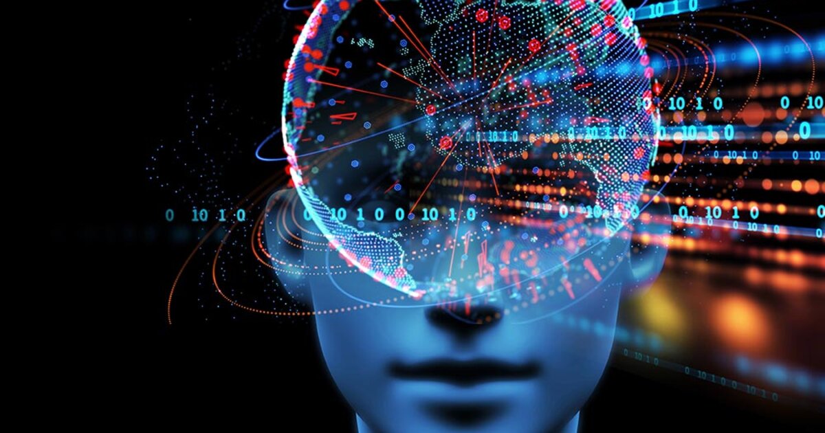 A digitally rendered face is overlayed with computer code