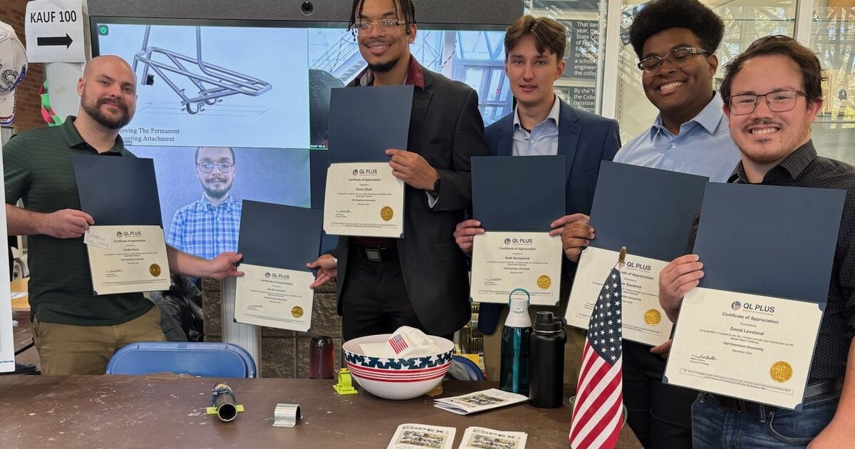 Jordan Dunn and Jacob Leonard, the two students on the left, have worked on an engineering project to help a wounded veteran.