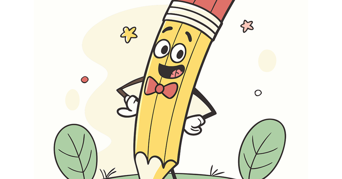 A cartoon drawing of a smiling pencil