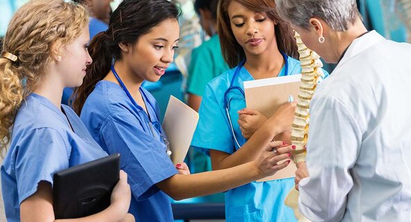 Nursing students examine a model of human vertebrae with an instructor watching their activity.