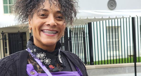 ODU student Athena Jones stands outside the White House after speaking on a panel as an advocate for home healthcare workers.