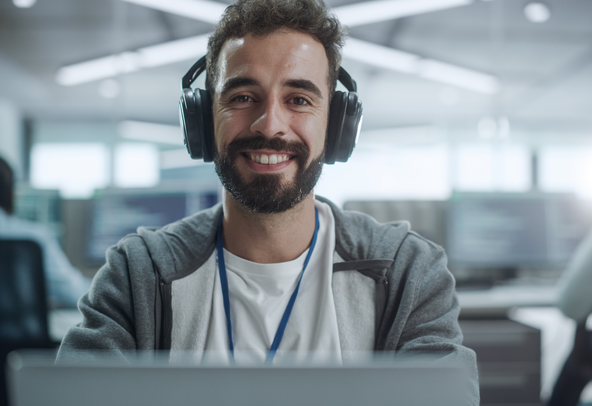 Student sits at his computer in a shared office space smiling at the camera