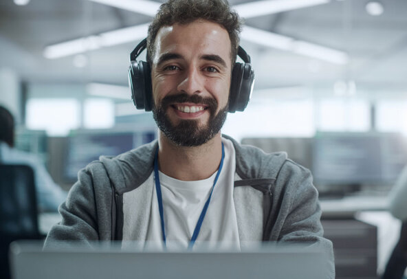 Student sits at his computer in a shared office space smiling at the camera