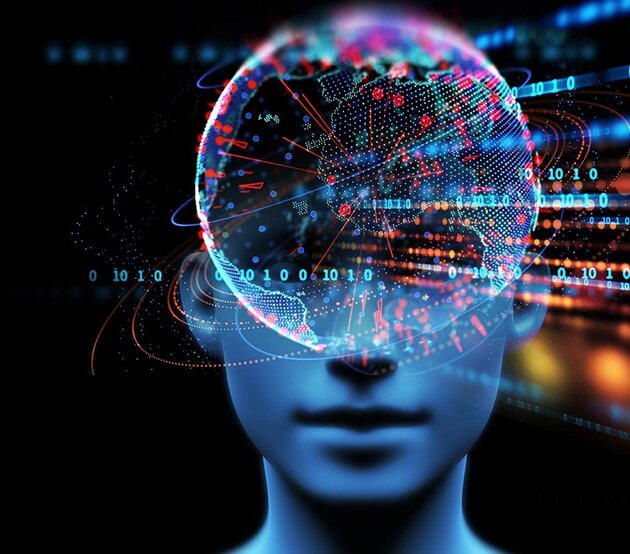 A digitally rendered face is overlayed with computer code