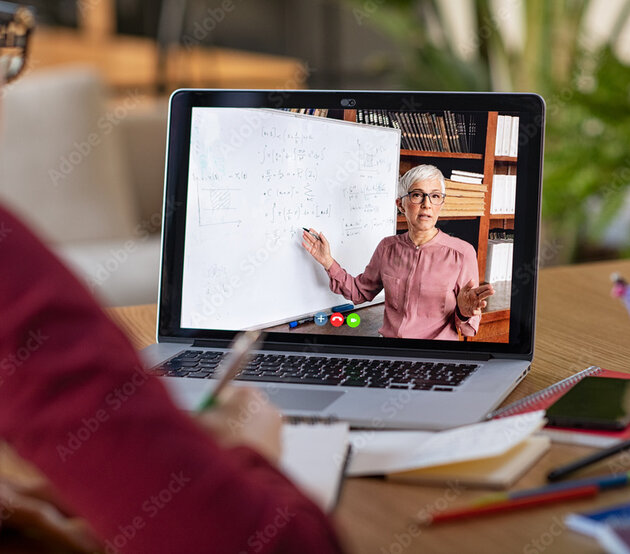 Person watching a woman teaching on a computer screen