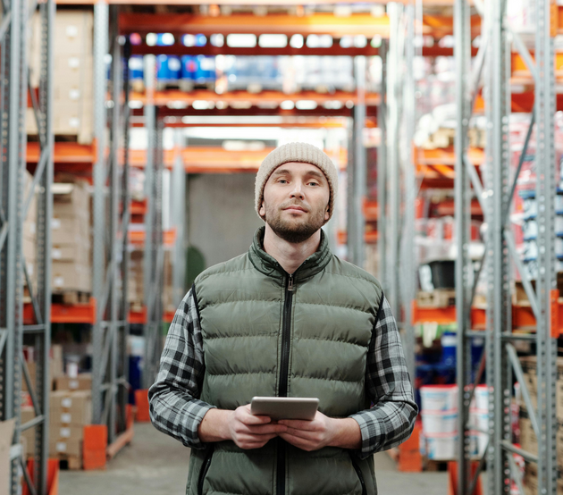 Man stands in a warehouse holding a tablet to direct work.