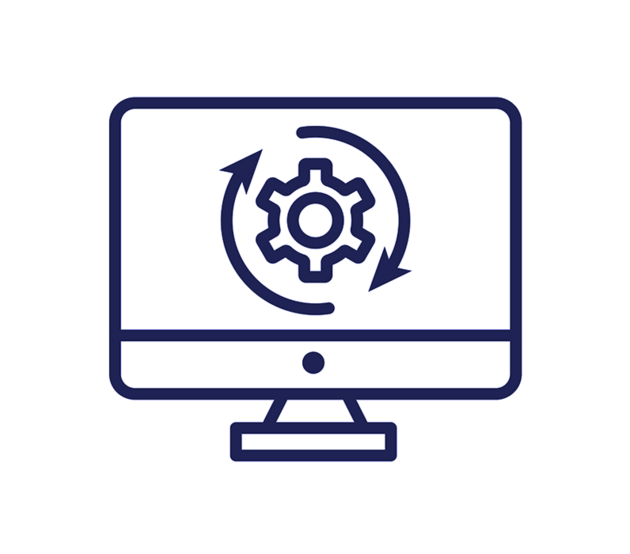 Outlined icon of a desktop computer monitor with a gear on the screen.