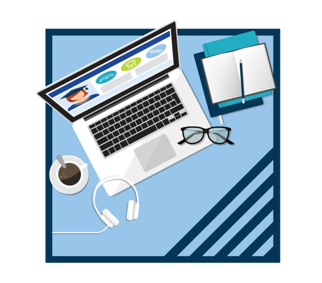 Overhead illustration of an open laptop with books, headphones, and glasses nearby
