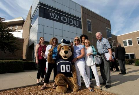 Big Blue and staff outside the ODU Tri-Cities Higher Education Center