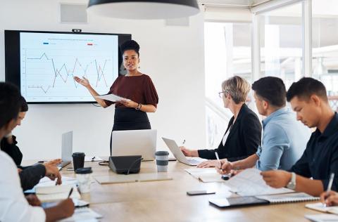 A data analytics professional stands by a chart and presents information to business leaders in a bright conference room.