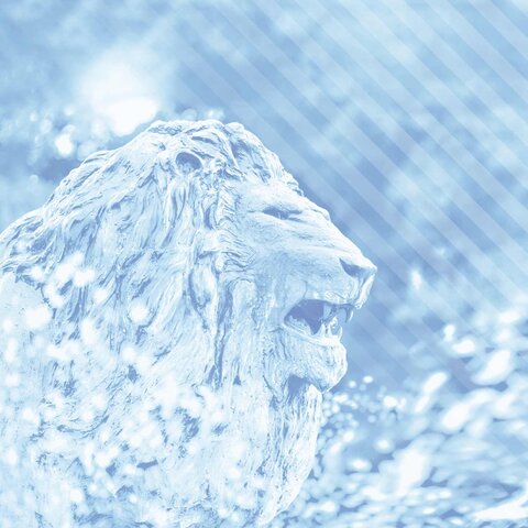 Head of a bronze lion statue at ODU with a light blue photographic overlay.
