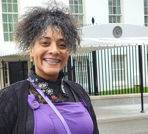 ODU student Athena Jones stands outside the White House after speaking on a panel as an advocate for home healthcare workers.