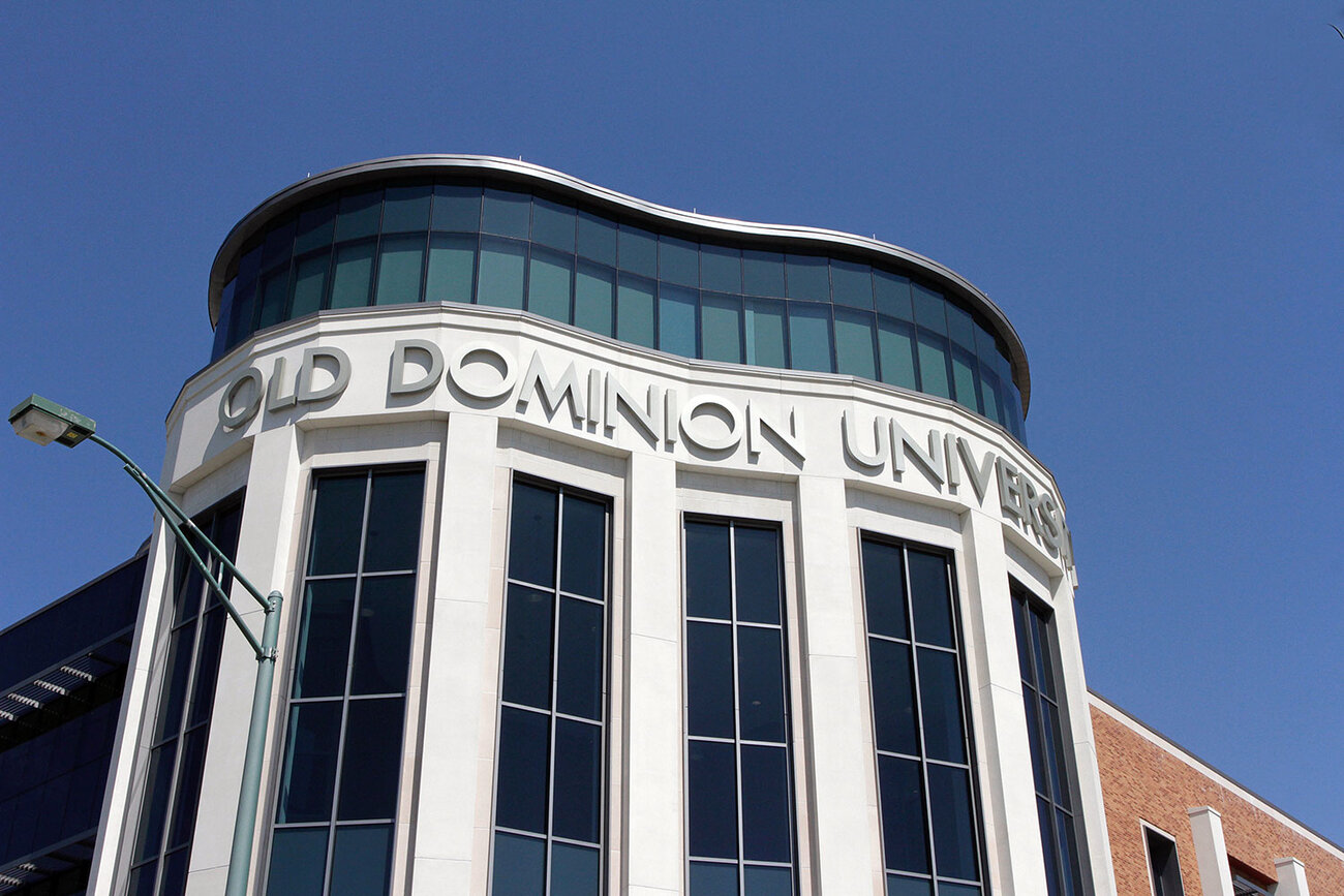 The Old Dominion University name on a prominent building on campus