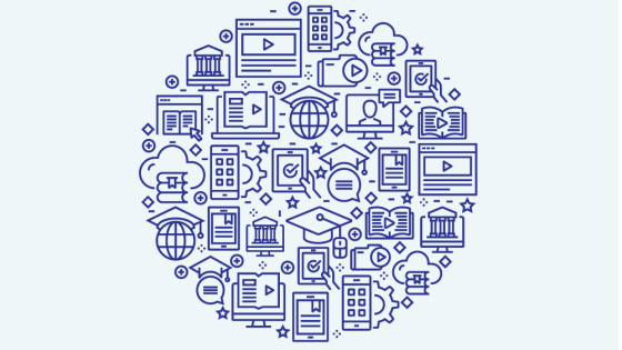 A circle of icons representing online learning and how to determine the best value in online colleges.