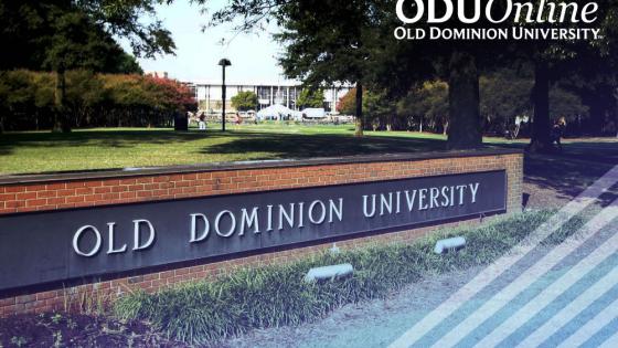 Old Dominion University sign with campus in the background