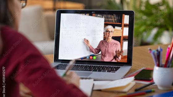 Person watching a woman teaching on a computer screen