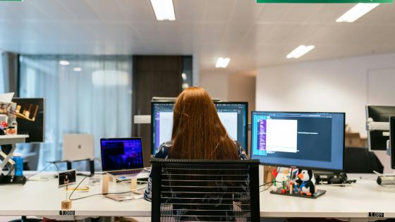 Woman sitting at a desk, exploring data sets