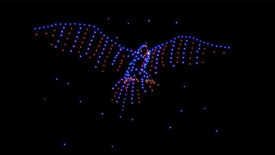 An American eagle is outlined in the sky by flying drones during the halftime show