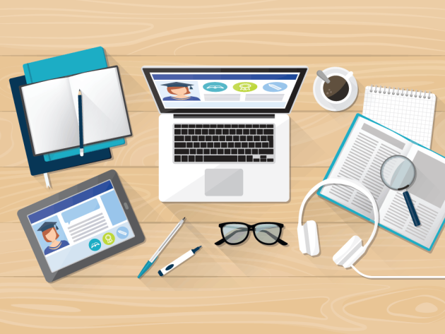 Illustration of a student's desk with latop, books, and tablet for completing a bachelor's degree online.