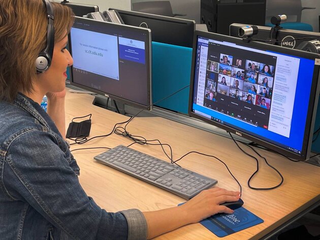 Chrysoula Malogianni, Associate Director for ODU's Center for Learning and Teaching, prepares for a virtual conference session.