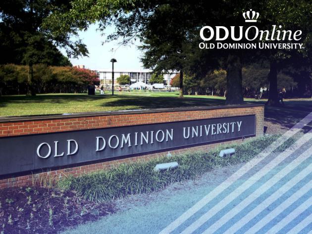 Old Dominion University sign with campus in the background