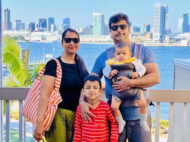 Ashish Verma ’25, right, and his wife Abha Gupta, and their children. Verma, an applied scientist at PayPal, completed Old Dominion University’s online M.S. in Data Science & Analytics from San Jose, California, while working full time.