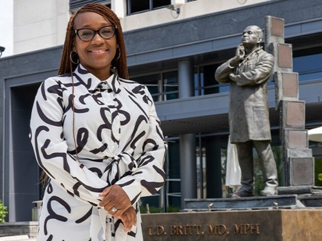 Miasha O'Neal, Doctor of Health Sciences graduate from Macon & Joan Brock Virginia Health Sciences at Old Dominion University, works as a clinical research specialist at ODU's Research and Infrastructure Service Enterprise.